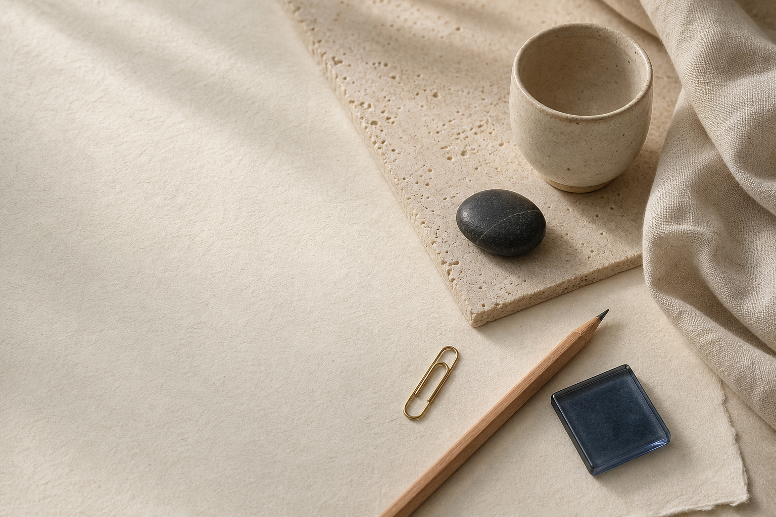 Natural stone, ceramic cup, wood pencil, metal paper clip and blue glass tile on a neutral surface