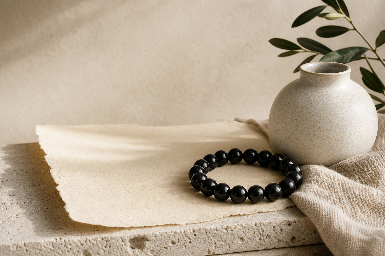 Black obsidian bead bracelet on natural paper beside a ceramic vessel