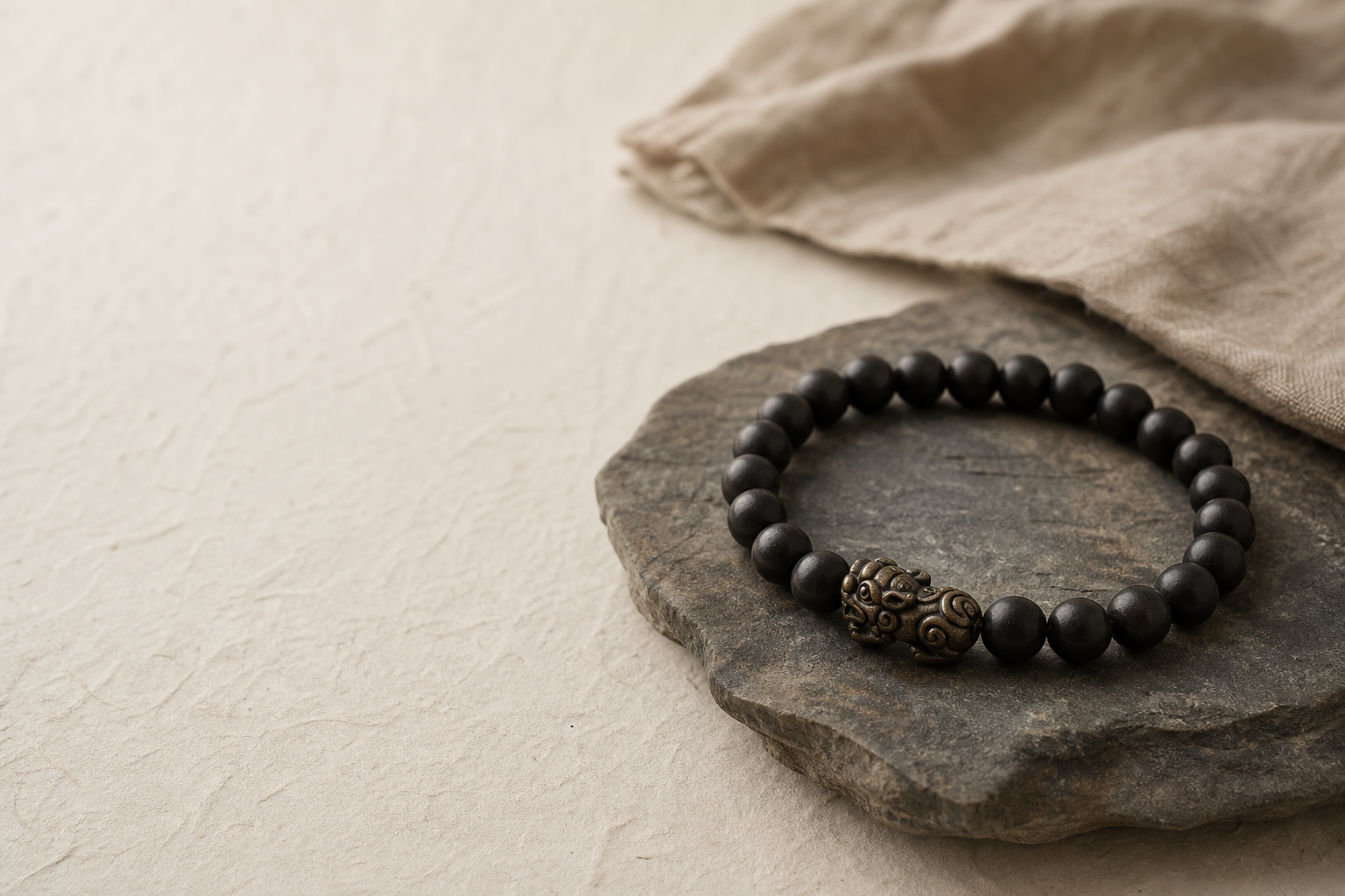 Dark bead bracelet with a small decorative carved charm on natural stone and linen