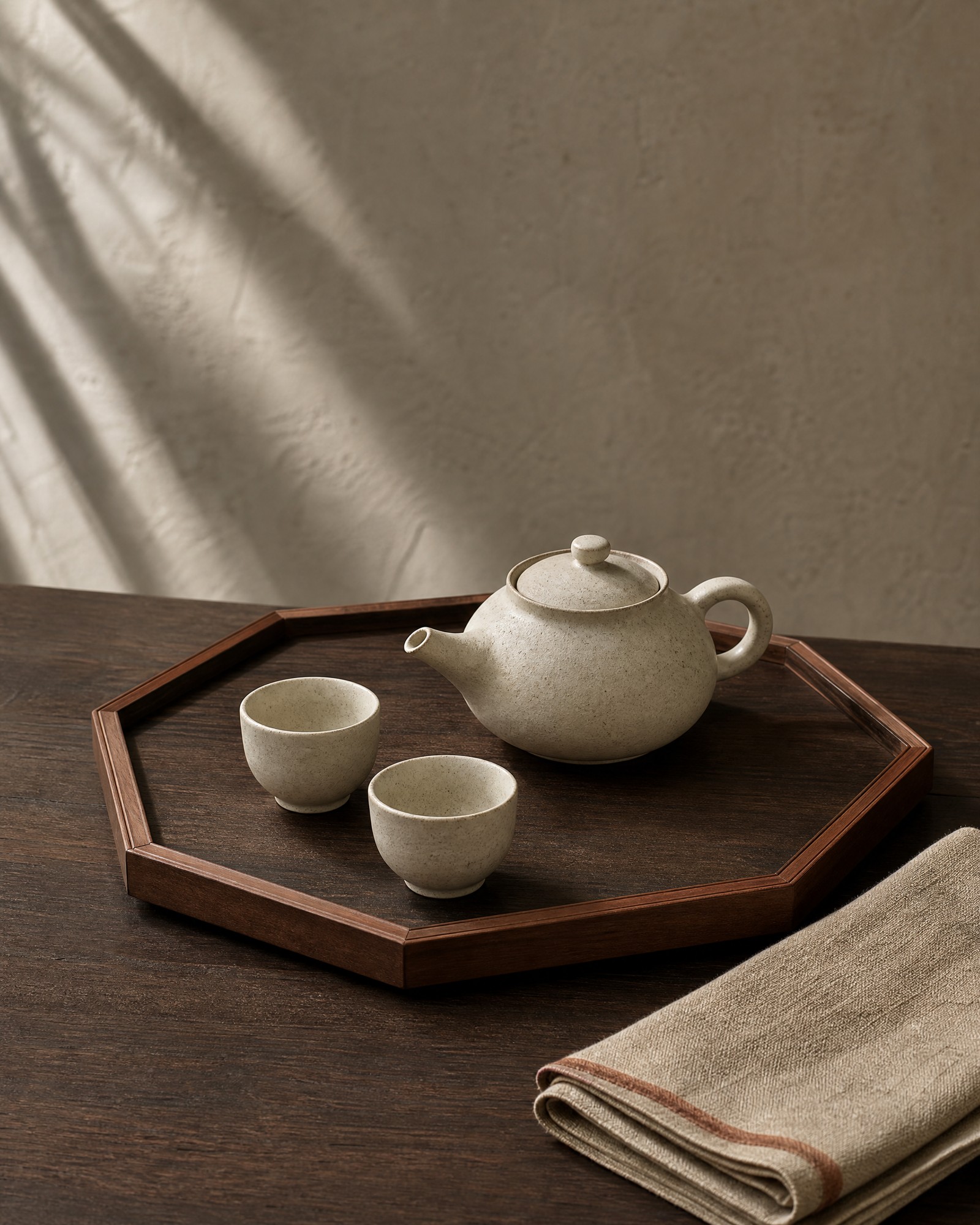 Ceramic tea ceremony ware and serving pieces on a wood tray