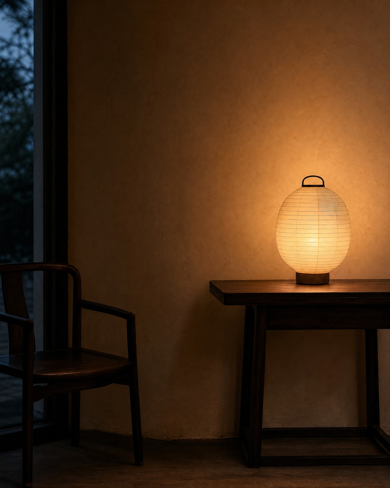 Warm ambient lamp and paper-lantern-style decor in an evening room