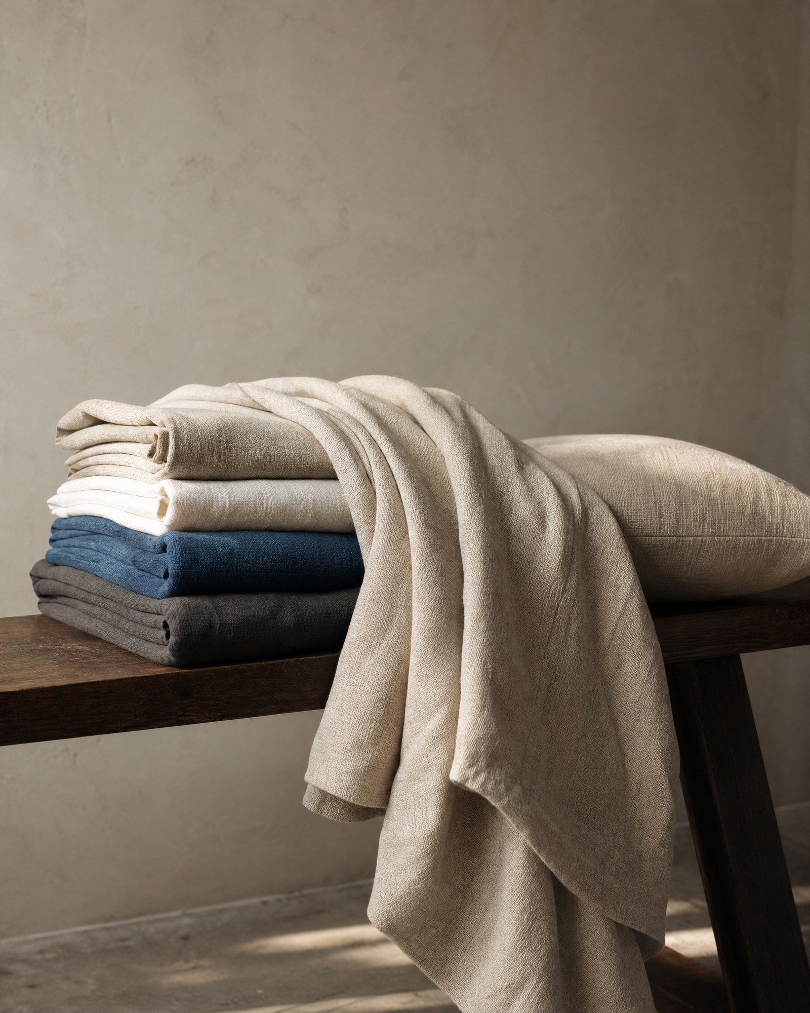 Natural-material home textiles draped over a wood chair in soft blue light