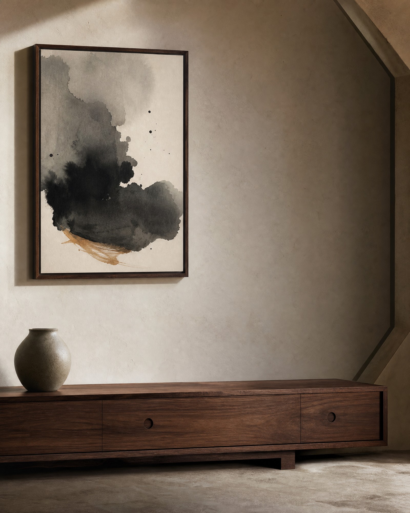 Cultural art print in a simple wood frame on a warm neutral wall