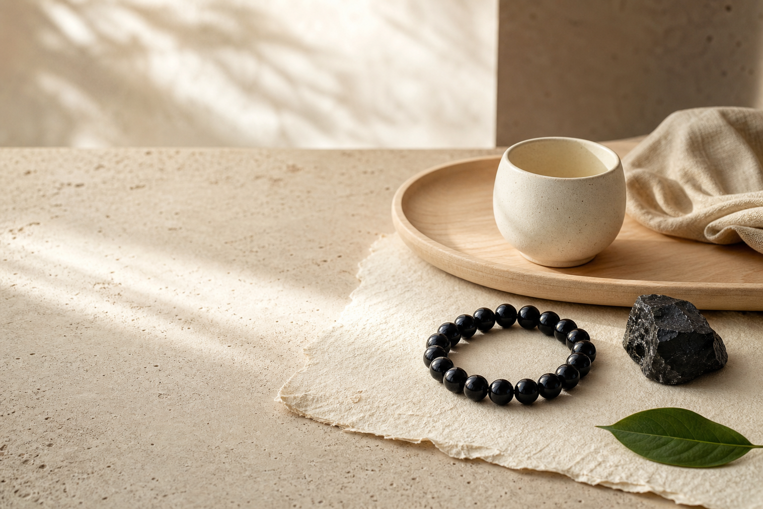 Black bead bracelet, natural stone, ceramic cup, wood tray and green leaf on a warm neutral surface